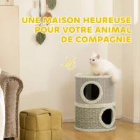 PawHut Tonneau à gratter pour chat arbre à chat sisal naturel et herbiers marins recouvert de peluche 35,5x35,5x49cm kaki café(m-4)