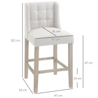 HOMCOM Set of 2 Bar Stools with Button Tufting, Solid Wood, incl. Footrest, 47 cm x 50 cm x 101 cm, Gray + Natural(m-3)