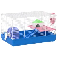 PawHut Hamster Cage, Small Gerbil Cage 2 Tiers Portable w/ Handle, Exercise Wheel, Water Bottle, Dishes, Blue(m-1)