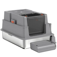 PawHut Katzenklo XXL Edelstahl Katzentoilette 130L mit 180° Klappdeckel Hohen Seitenwänden Schaufel Trittstufe 70x50x43cm Grau(m-11)