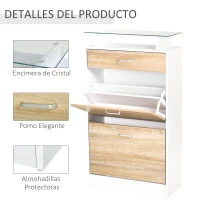 HOMCOM Mueble Zapatero Armario Zapatero con 3 Cajones Estante de Vidrio y Asa de Aluminio para Pasillo 60x24x105,5 cm Natural(m-6)