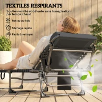 Outsunny Lot de 2 Bain de Soleil Chaise Longue Jardin avec Matelas 9cm Pliable Dossier Réglable 5 Positions Appui-tête 200cm Gris(m-6)