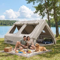 Outsunny Inflatable Camping Tent, 4 Season Hot Tent 10000mm Waterproof with Chimney Opening, Sky Light and Air Pump, Khaki(m-12)