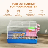 PawHut Hamster Cage, Small Gerbil Cage 2 Tiers Portable w/ Handle, Exercise Wheel, Water Bottle, Dishes, Blue(m-7)