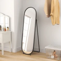 HOMCOM Grande espelho de pé, espelho oval, moldura em metal preto, com suporte para entrada, quarto, closet, 40 x 160 cm(m-6)