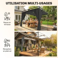 Outsunny Pergola de Jardin Tonnelle de Terrasse avec Toit Rétractable Rideaux et Système de Poulie 3x3m Gris Anthracite(m-8)