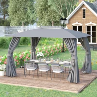 Outsunny Gazebo da Giardino 4x3m con Doppio Tettuccio, Pareti in Poliestere e Struttura in Acciaio, Grigio(m-10)