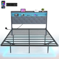 HOMCOM Cadre de lit 140 x 190 cm avec sommier acier, lit 2 personnes flottant avec lumières LED RGB et station de charge, gris(m-12)