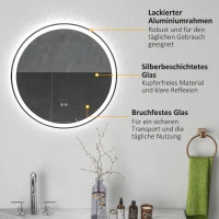 kleankin LED-badkamerspiegel, rond, aanraakfunctie, geheugenfunctie, beslaan niet, aluminium frame, 60 x 60 cm(m-7)