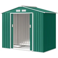 Outsunny 7ft x 4ft Lockable Garden Shed Large Patio Roofed Tool Metal Storage Building Foundation Sheds Box Outdoor Furniture, Green(m-16)