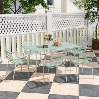 Outsunny Conjunto de jardim conjunto de jantar para jardim 7 peças com 1 mesa e 6 cadeiras empilháveis em aço verde claro(m-5)