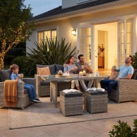 Outsunny 6-Piece Wicker Rattan Garden Set, Aluminium Patio Wicker Dining Sets with Glass Top Table & Soft Cushion, Light Grey(m-12)