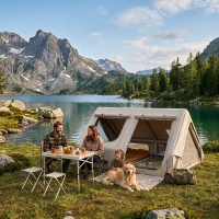 Outsunny Inflatable Camping Tent, 4 Season Hot Tent 10000mm Waterproof with Chimney Opening, Sky Light and Air Pump, Khaki(m-14)