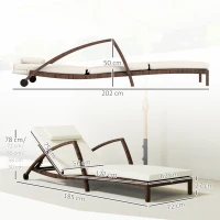 Outsunny Espreguiçadeira em resina trançada com encosto ajustável, rodízios, almofada e apoios de braço, castanho e bege(m-3)