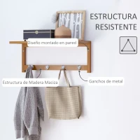 HOMCOM Perchero de Pared de Bambú Estante Toallero de pared 4 Ganchos para Entrada Salón Baño Pasillo Dormitorio 50x16x17,5 cm Carga 5kg(m-5)
