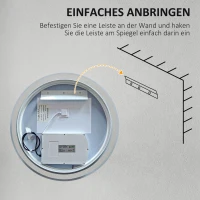 kleankin LED-badkamerspiegel, rond, aanraakfunctie, geheugenfunctie, beslaan niet, aluminium frame, 60 x 60 cm(m-9)