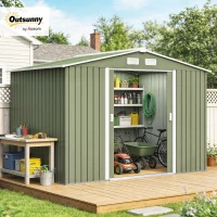 Outsunny 9 x 6ft Garden Metal Storage Shed, Outdoor Storage Tool House with Ventilation Slots, Floor Foundation and Lockable Double Doors, Light Green(m-14)