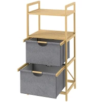 HOMCOM Cesto de roupa em bambu cesto de roupa suja com 2 sacos em tecido deslizantes e prateleiras abertas, natural(m-7)
