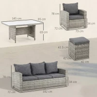 Outsunny 6-Piece Wicker Rattan Garden Set, Aluminium Patio Wicker Dining Sets with Glass Top Table & Soft Cushion, Light Grey(m-3)