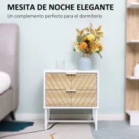 HOMCOM Mesita de Noche con 2 Cajones con Patas de Acero Mesilla Auxiliar para Salón Dormitorio 45x39x48cm Blanco y Roble(m-4)