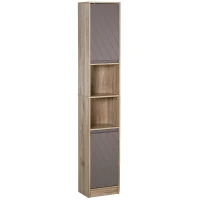HOMCOM Armario de Baño Alto, Columna de Baño Estrecha con 2 Puertas y 2 Estantes Abiertos, para Espacios Pequeños, 30x24x170 cm, Roble y Gris(m-1)