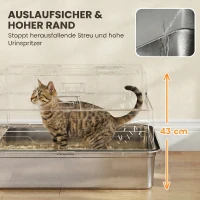 PawHut Katzenklo XXL Edelstahl Katzentoilette 130L mit 180° Klappdeckel Hohen Seitenwänden Schaufel Trittstufe 70x50x43cm Grau(m-7)