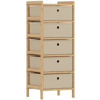 HOMCOM Chest of Drawers, 5 Fabric Drawers Narrow Dresser with Bamboo Frame, Cream White(m-1)