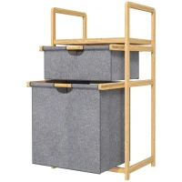 HOMCOM Cesto de roupa em bambu cesto para roupa suja com 2 sacos em tecido deslizantes e prateleira em ripas, natural(m-7)