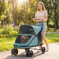 PawHut Carrinho para Cães Dobrável com um Botão até 30 kg com Suspensão nas 4 Rodas Giratório e Travão de Pé Turquesa(m-11)