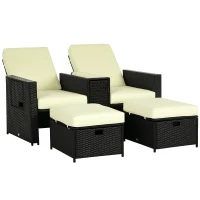 Outsunny 5PC PE Rattan Sun Lounger, Outdoor Wicker 5-level Adjustable Recliner Sofa Bed with Storage Side Table and Footstools, for Patio, Garden, Poolside, Black(m-11)