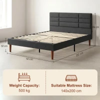 HOMCOM Pat tapițat 140x200 cm cu tăblie capitonată tip plasă Depozitare inferioară Lamele din lemn Gri(m-3)