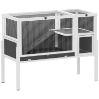 PawHut Kleindierhok voor dwerghamsters, konijnen, cavia's, met accessoires, verhoogd ontwerp, hout, metaal, grijs(m-1)