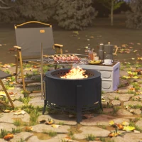 Outsunny Portable Fire Pit, 58 cm Round Firepit with Grill Grate, Fire Bowl with Ash Catcher and Poker, Fire Pit BBQ for Garden Camping Bonfire Picnic, Black(m-7)