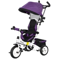 HOMCOM 6-in-1 Kinderdriewieler met Duwstang, Zonnedak, Gordel, Opbergmand, voor 1-5 Jaar, Paars(m-10)