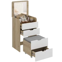 HOMCOM Schminkkommode 3-in-1 mit klappbarem Spiegel, Hocker und Schubladen, Rovere und Weiß(m-8)