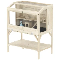 PawHut Hamsterkooi, 2 niveaus, kleindierkooi met opbergvak, accessoires, 84 x 53 x 110 cm, natuurhout(m-10)