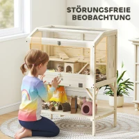 PawHut Hamsterkooi, 2 niveaus, kleindierkooi met opbergvak, accessoires, 84 x 53 x 110 cm, natuurhout(m-6)