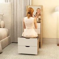 HOMCOM Schminkkommode 3-in-1 mit klappbarem Spiegel, Hocker und Schubladen, Rovere und Weiß(m-5)