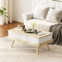 HOMCOM Mesa de Centro Elevable con 3 Compartimientos de Almacenaje Ocultos y Patas de Madera 100x79x54 cm Natural y Blanco(m-1)