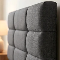 HOMCOM Cadre de Lit 140 x 200 cm avec Sommier Bois, Lit Double Rembourré en Effet Lin, Rangement au-dessous, Sans Bruit, Gris(m-12)