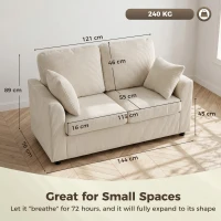 HOMCOM Canapea 2 locuri din catifea côtelată, Canapea de living 144 cm cu șezut lat căptușit, 2 perne, Bej(m-3)