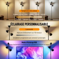 HOMCOM Lampadaire LED lampadaires sur pied salon dimmable 2700K-6000K 4150 lm 3 têtes rotatives Ø 25 x 170 cm noir(m-4)