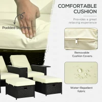 Outsunny 5PC PE Rattan Sun Lounger, Outdoor Wicker 5-level Adjustable Recliner Sofa Bed with Storage Side Table and Footstools, for Patio, Garden, Poolside, Black(m-5)