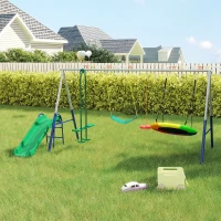 AIYAPLAY Balançoire Portique Enfants 5 en 1 avec Toboggan, 3 Balançoire, Face à Face, Hauteur Réglable, 3-8 ans, Multicolore(m-2)