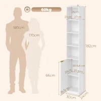 HOMCOM Bücherregal mit 6 Ebenen, hohes schmales Regal mit 4 offenen Regalböden, Tür und verstellbarem Fach, Weiß(m-3)