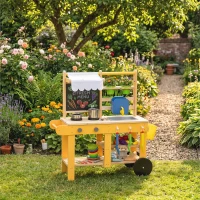 AIYAPLAY Cuisine enfant en bois avec roulettes, cuisine enfant exterieur avec eau courante, évier, plaque de cuisson, jaune(m-2)