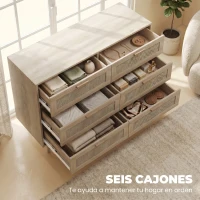 HOMCOM Cómoda para Dormitorio con 6 Cajones con Frontal de Ratán Patas de Madera Cajonera Estilo Bohemio 110x40x75 cm Roble(m-4)