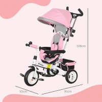 HOMCOM 6-in-1 Kinderrdriewieler met Duwstang, Zonnedak, Gordel, Mandje, voor 1-5 Jaar, Roze(m-3)
