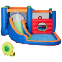 Outsunny springkasteel, met ruches, springkussen, zwembad, opblaasbaar, incl. elektrische pomp, voor maximaal 3 kinderen, 380 x 340 x 170 cm(m-10)