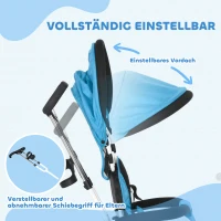 HOMCOM 6-in-1 Kinderdriewieler met Duwstang, Zonnedak, Gordel, Opbergmand, voor 1-5 Jaar, Blauw(m-5)